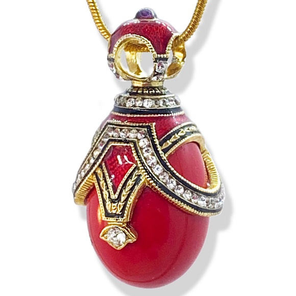 RED CORAL STERLING Silver Art Deco Faberge Enamel Egg Pendant Swarovski Garnet - Picture 3 of 3